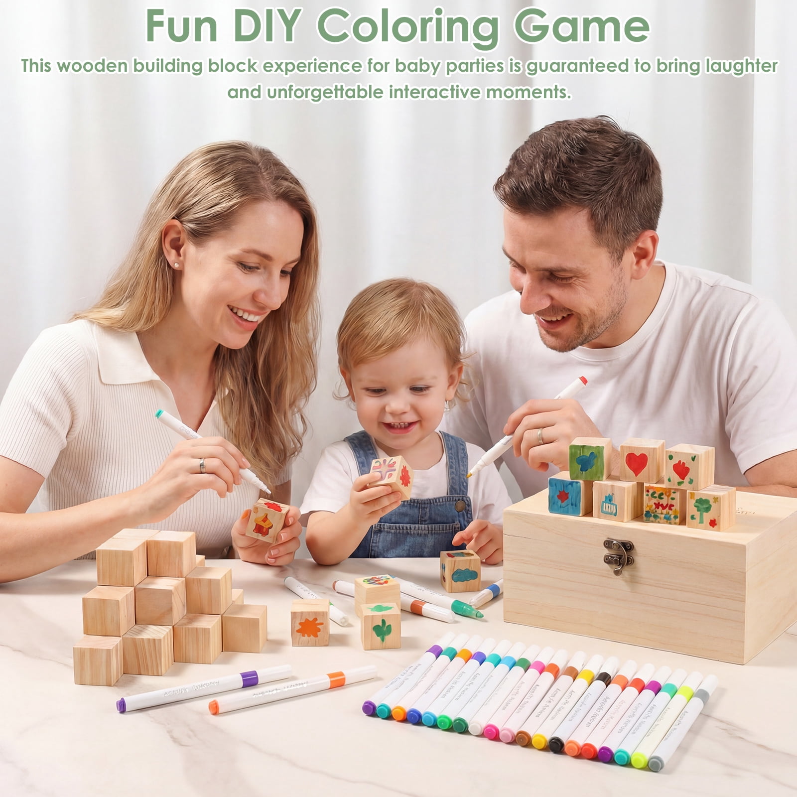 Toorise Baby Shower Games Sign Kit Unique Baby Shower Blocks to Decorate Game Kit with 52 Blocks 24 Markers 1 Sign and Wood Box for Boy and Girl Party