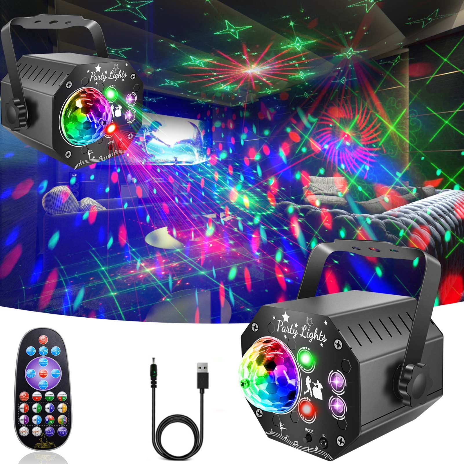 3-in-1 Mini Disco Party Light, RGB LED DJ Light with Strobe, Red & Green Star Projection, Sound Activated, Remote Control