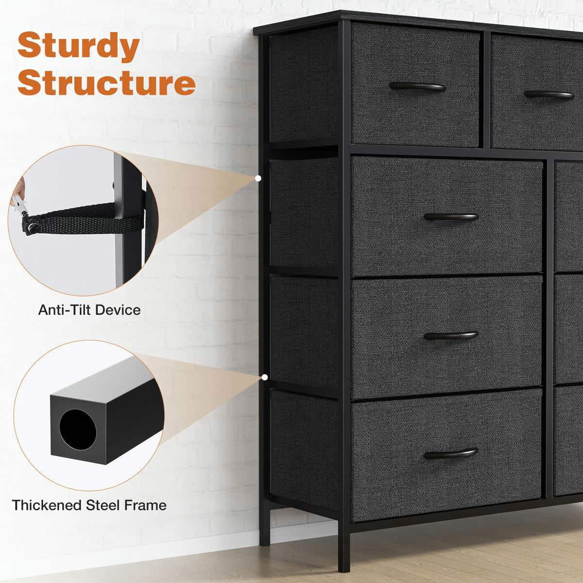 GVN Dresser, Chest of Drawers,Tall 9 Drawers Dresser Fabric Storage Tower, Wooden Top for Kid Room, Closet, Entryway, Nursery, Black