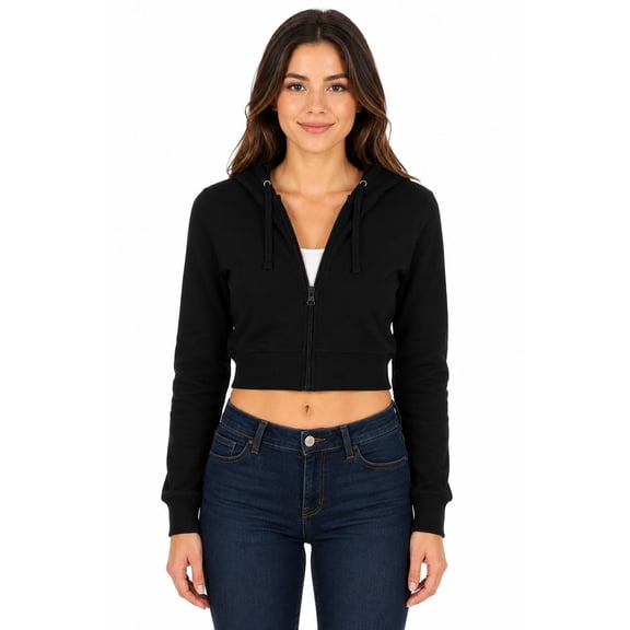 Women's Basic Casual Cotton Fleece Long Sleeves Solid Full-Zip Cropped Sweatshirt Hoodie