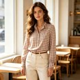 thumbnail image 7 of Shirts for Women Casual Plaid Ruffle Collar Long Sleeve Button Front Regular Fit Work Wear Shirt, 7 of 7