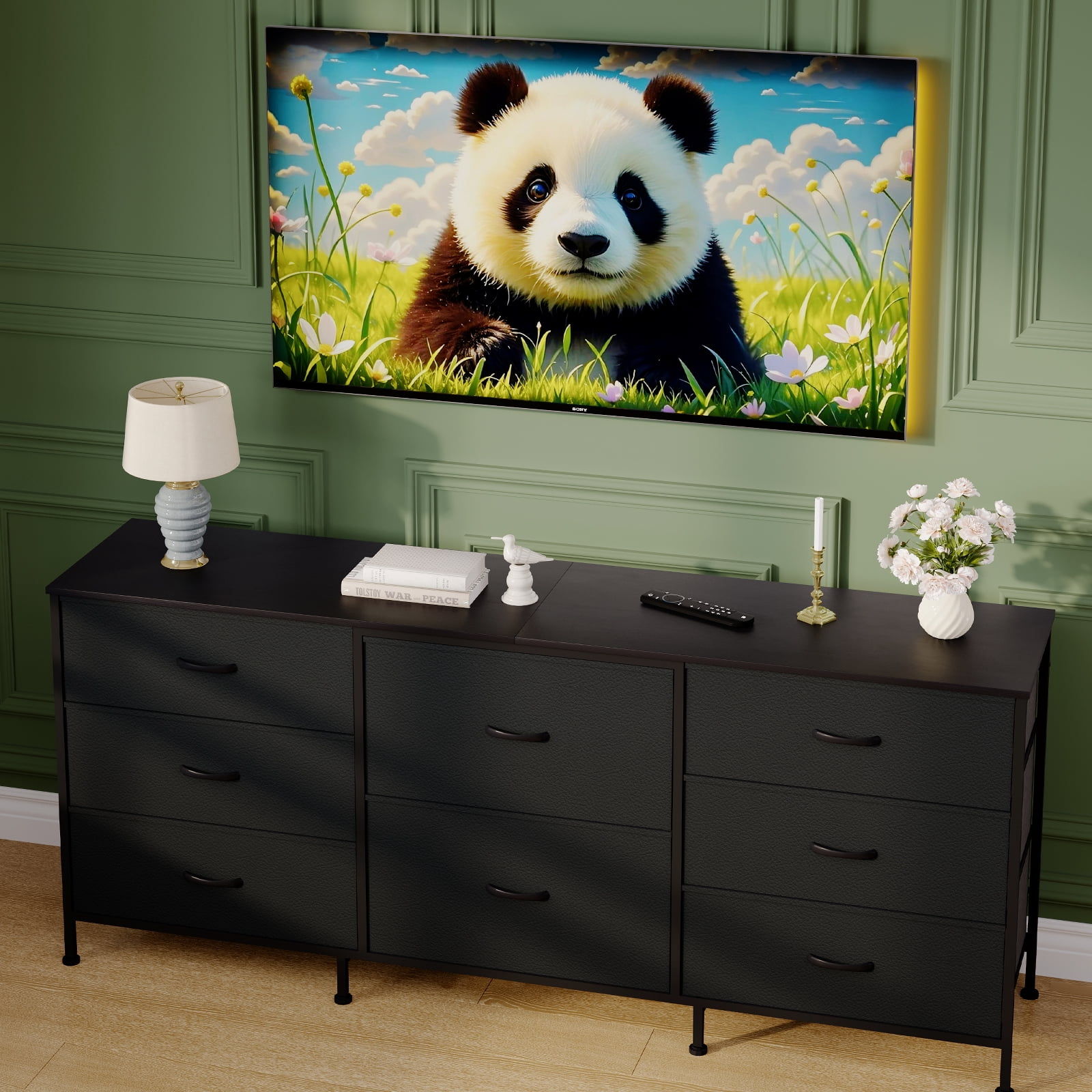 PYY 8-Drawer Black Fabric Dresser TV Stand for Bedroom, Living Room, Home Office - 63" Wide Storage Chest with Wooden Top, Metal Frame, Entertainment Center Fits 65-75" TVs - Black