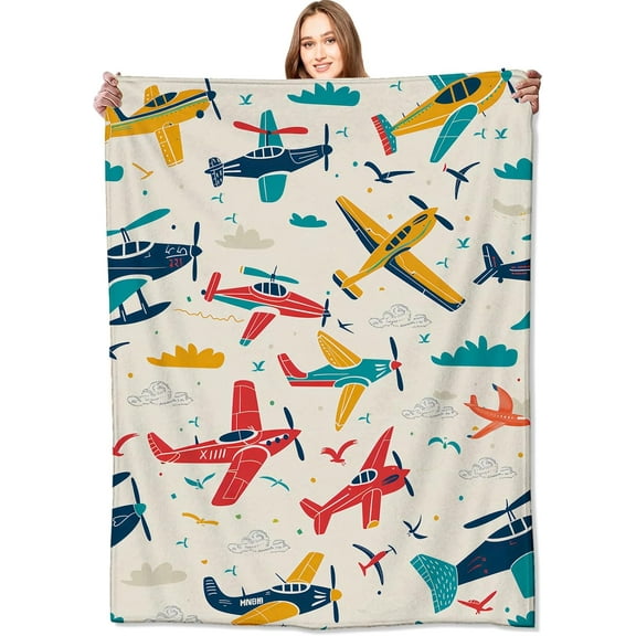 Airplane Blanket Aviation Adventure Colorful Planes and Clouds Throw Blankets Gifts for Kids Boys Lightweight Soft Flannel Cozy for Sofa Couch Bed Room Travel Birthday Party Decor 50x60 in