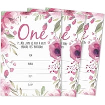 Inkdotpot Floral Girl First Birthday Invites, Fill-In Stlye Party Invitations With Envelopes Pack Of 30, 5x7 inches