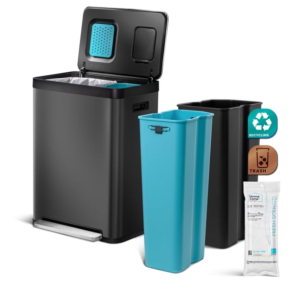 Home Zone Living 19 Gallon Dual Compartment Kitchen Trash Can with CleanAura Odor Control and Recycling Flap, Stainless Steel, Black