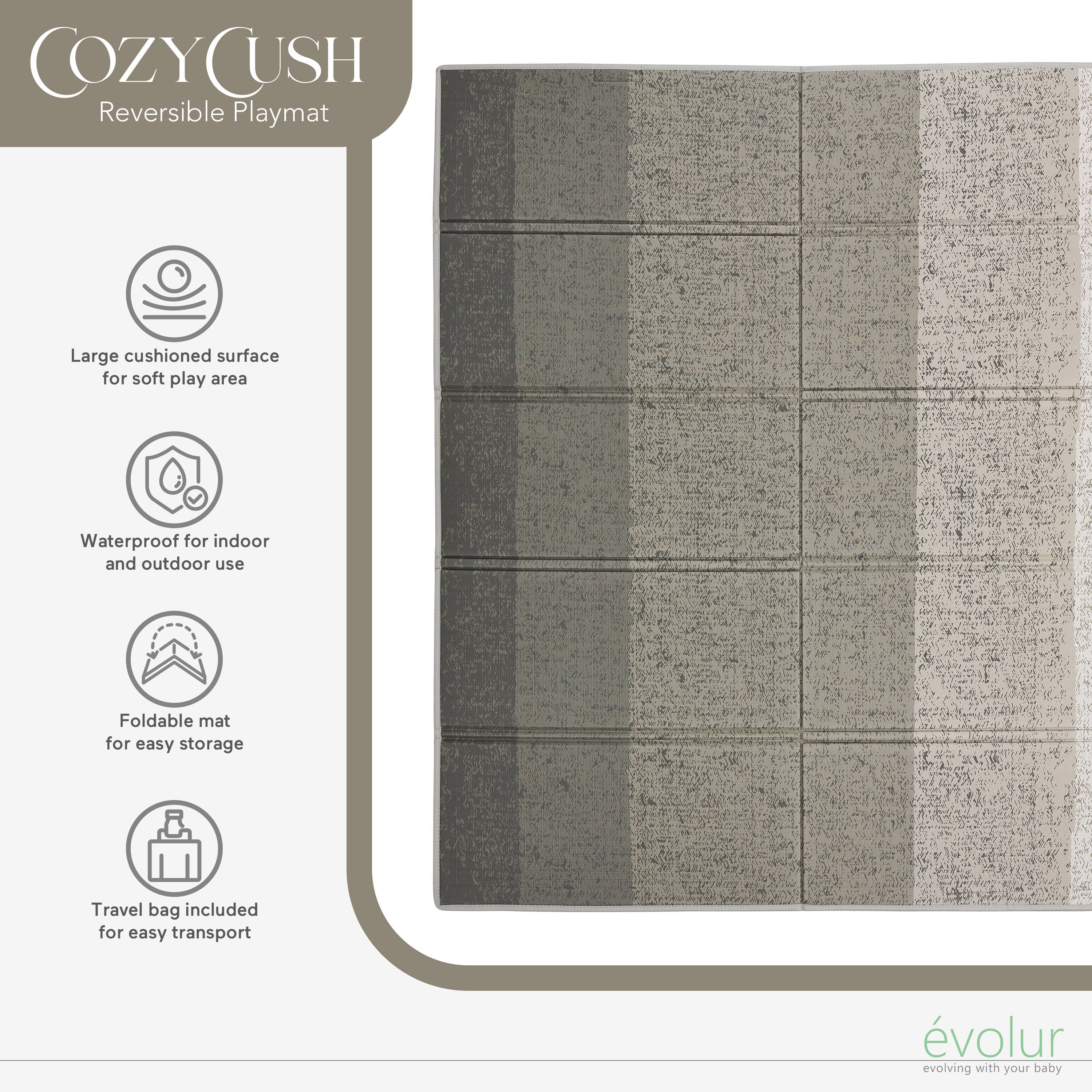 Evolur CozyCush Reversible Non-Toxic Baby Kids Playmat, Ombre