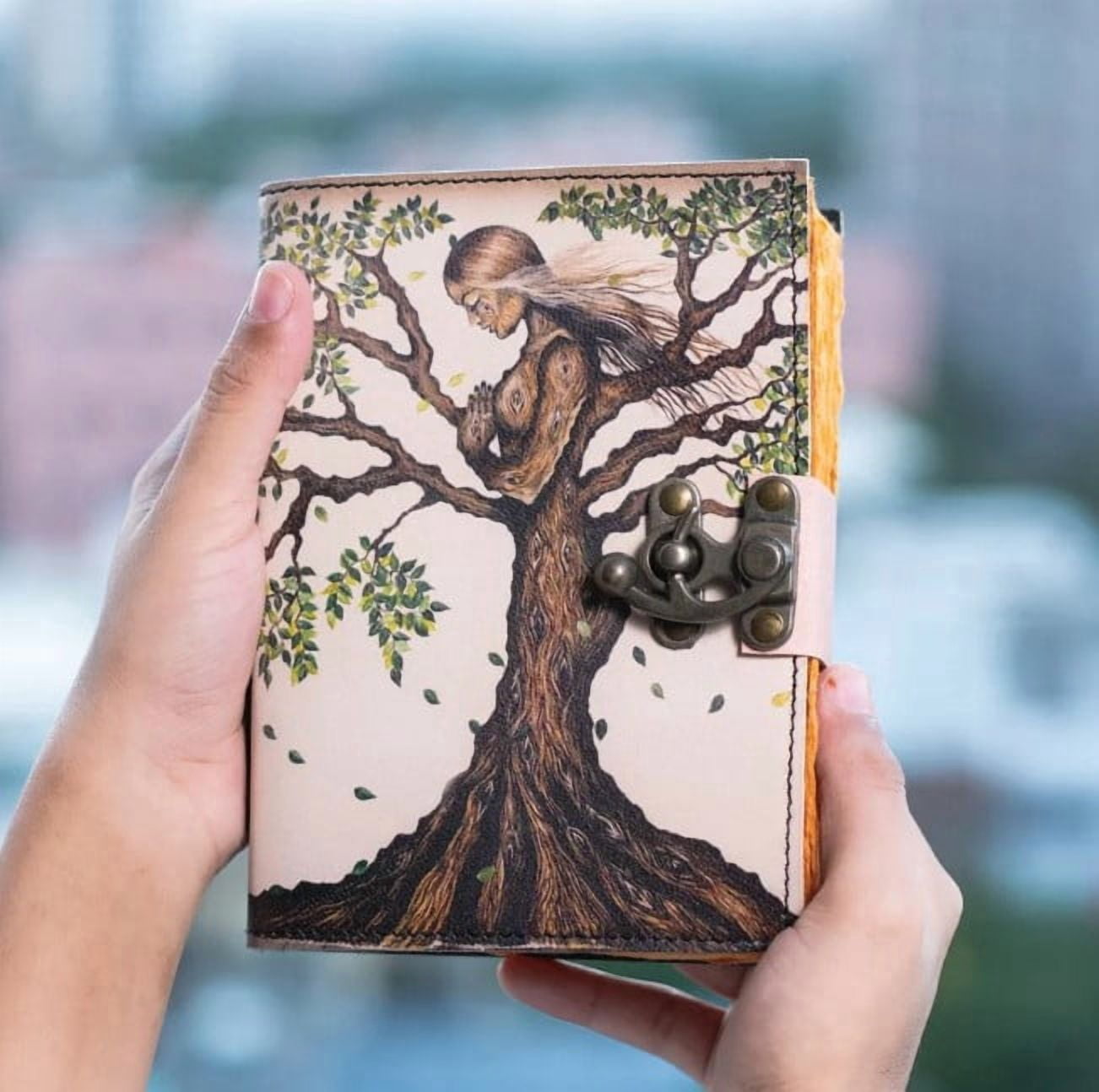 Handmade Leather Tree of Life Journal with Lock, Vintage Artistic Writing Diary Notebook