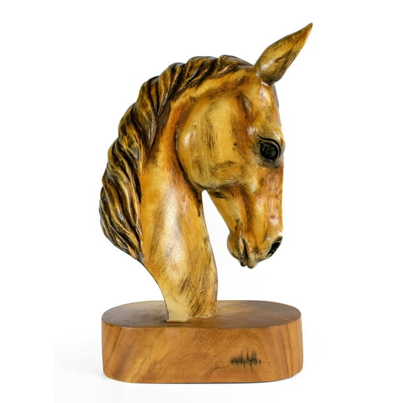 18" Solid Wood Hand Carved Horse Art Head Statue Sculpture Handcrafted Handmade Wooden Decorative Home Decor Accent Decoration Horse