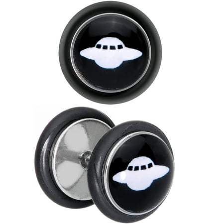 Body Candy Unisex 2PC Steel Illusion Cheater Plug Earrings Black White Spaceship UFO Fake Ear Plugs
