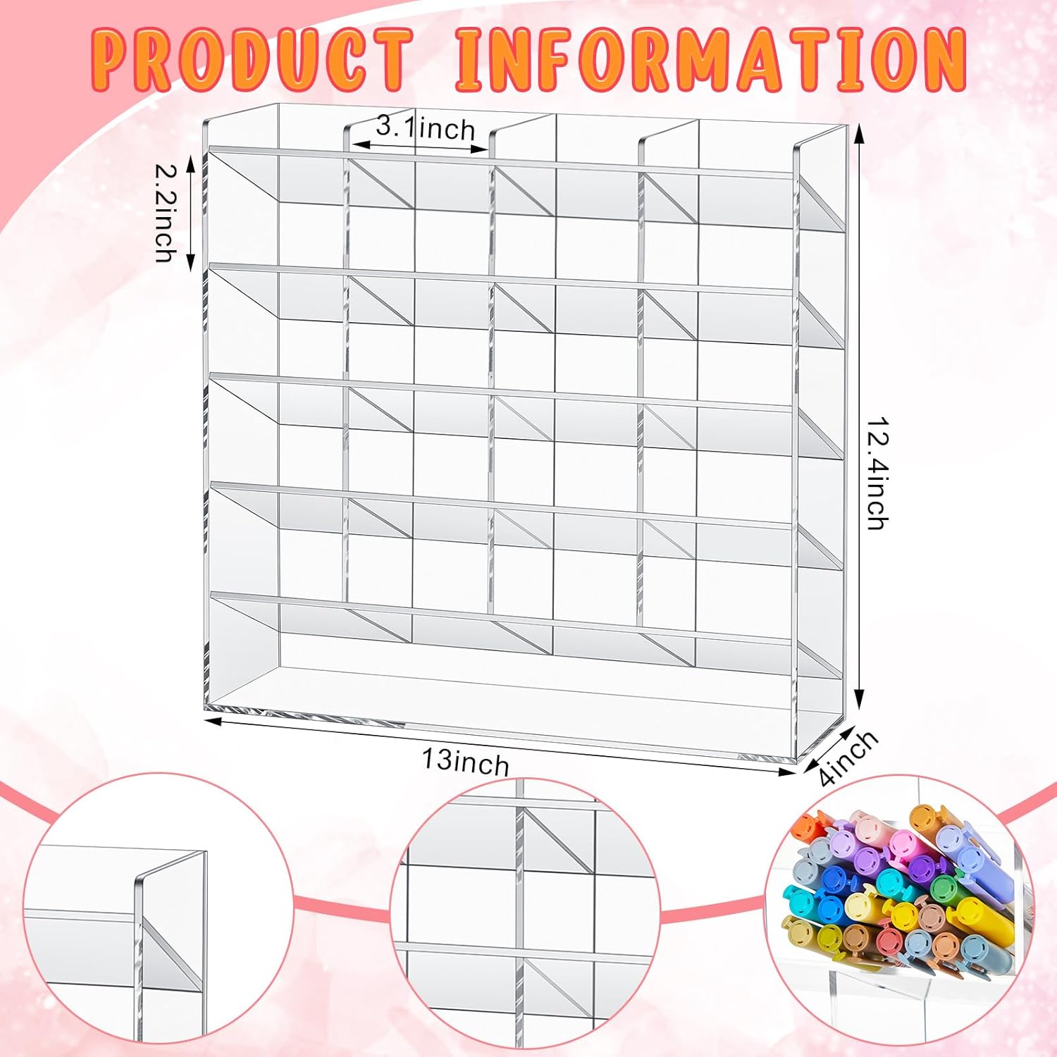 Acrylic Pen Organizer Storage Vertical Marker Organizer Acrylic Pen Display Holder for Office Desk Desktop Stationery Pencil Storage(Clear,10.2 x 4 x 9.8 Inch)