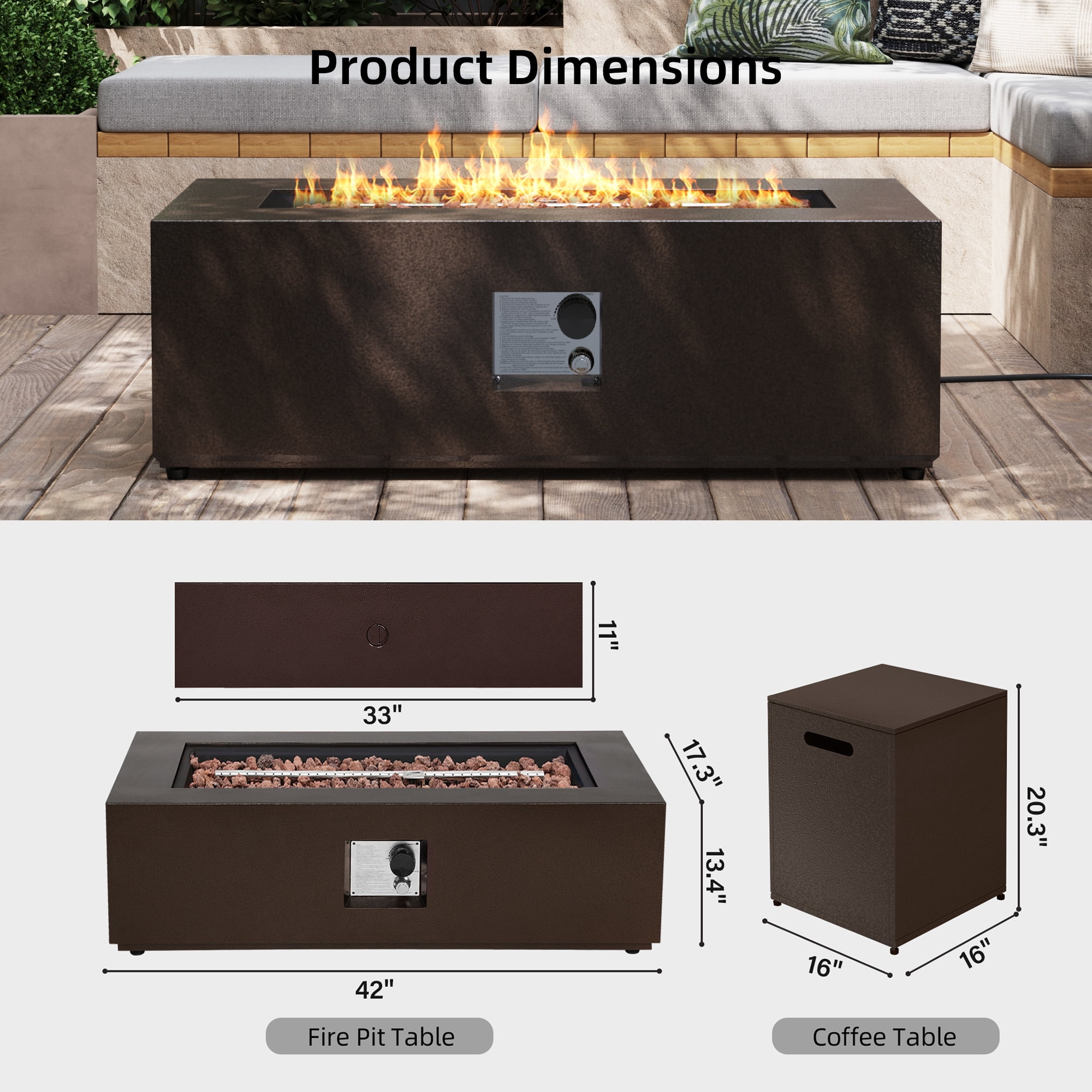 UPHA 42-inch Outdoor Propane Rectangle Fire Pit Table 50000 BTU Iron Gas FirePit for Outside Patio with Tank Cover, Removable Lid, Lava Rocks, Rain Cover, Brown