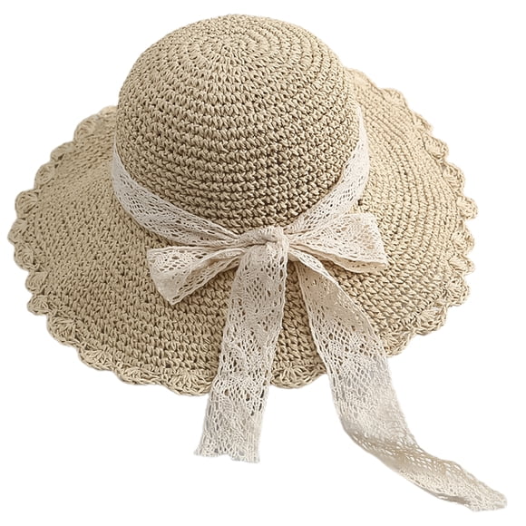 1 sombrero de paja con lazo de encaje para verano y playa (cinturón de encaje desmontable)