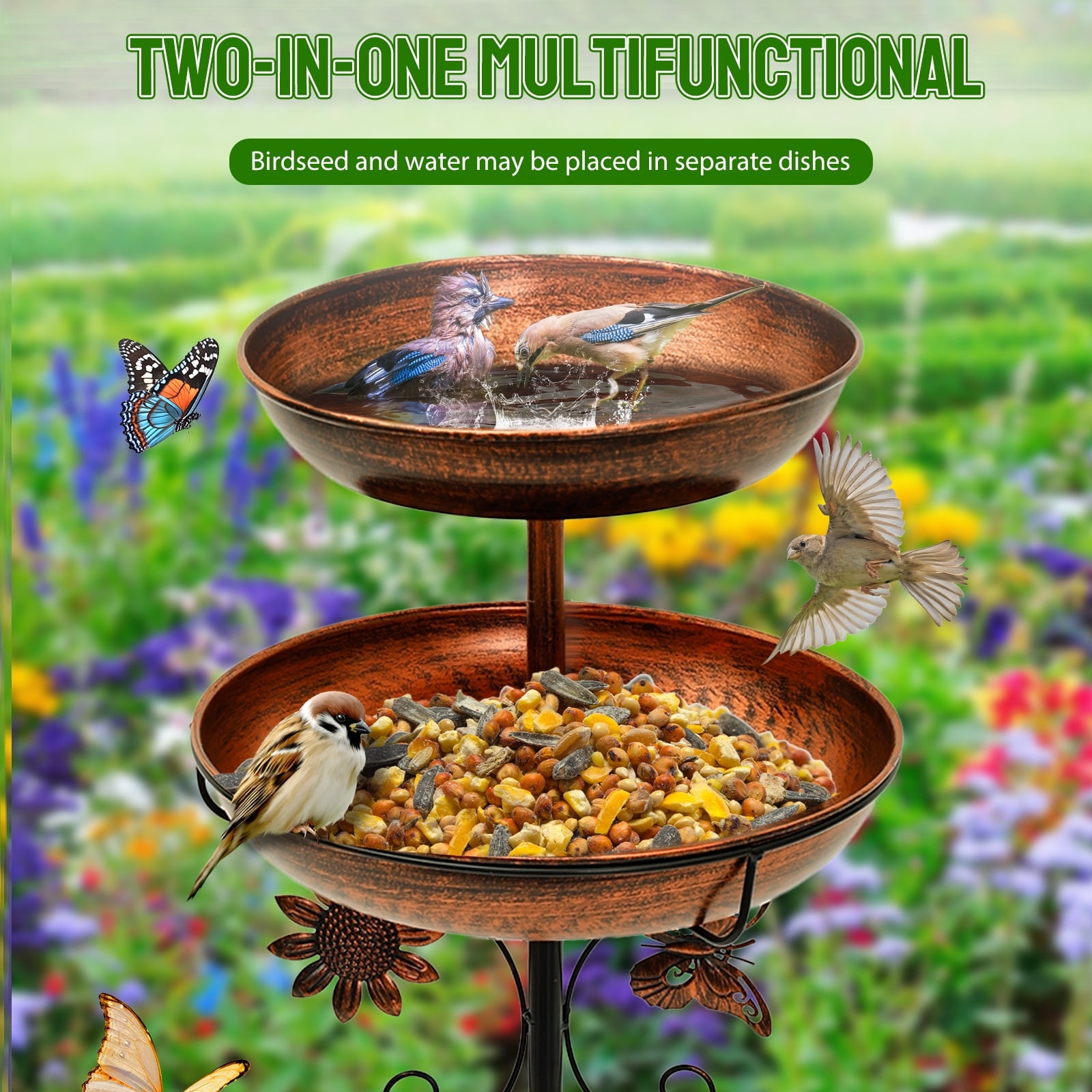 Iron Feeding Bird Bath Spike With 5 Pronged Base Decorative Rust Resistant Bird Feeder Standing Bath for Outdoor Garden Patio Yard Lawn