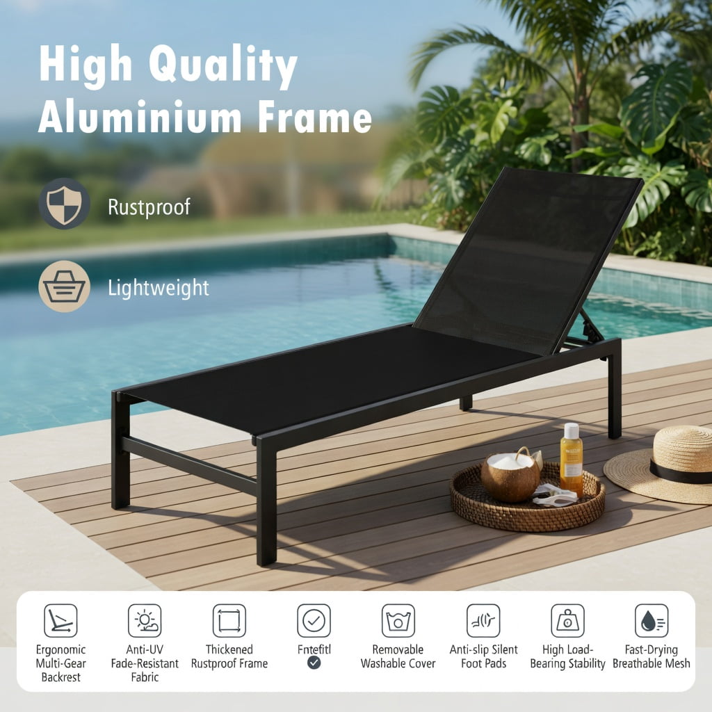 Hommoo 6-Position Adjustable Chaise Lounge Chair with Rustproof Aluminum Frame, Outdoor Recliner for Patio, Poolside & Backyard, Black