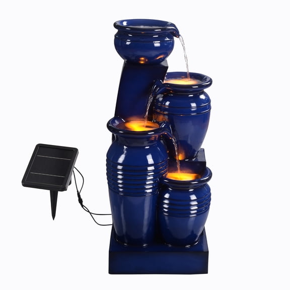 Teamson Home 4-Tier Outdoor Cascading Bowl Solar Powered Water Fountain with LED Lights, Navy