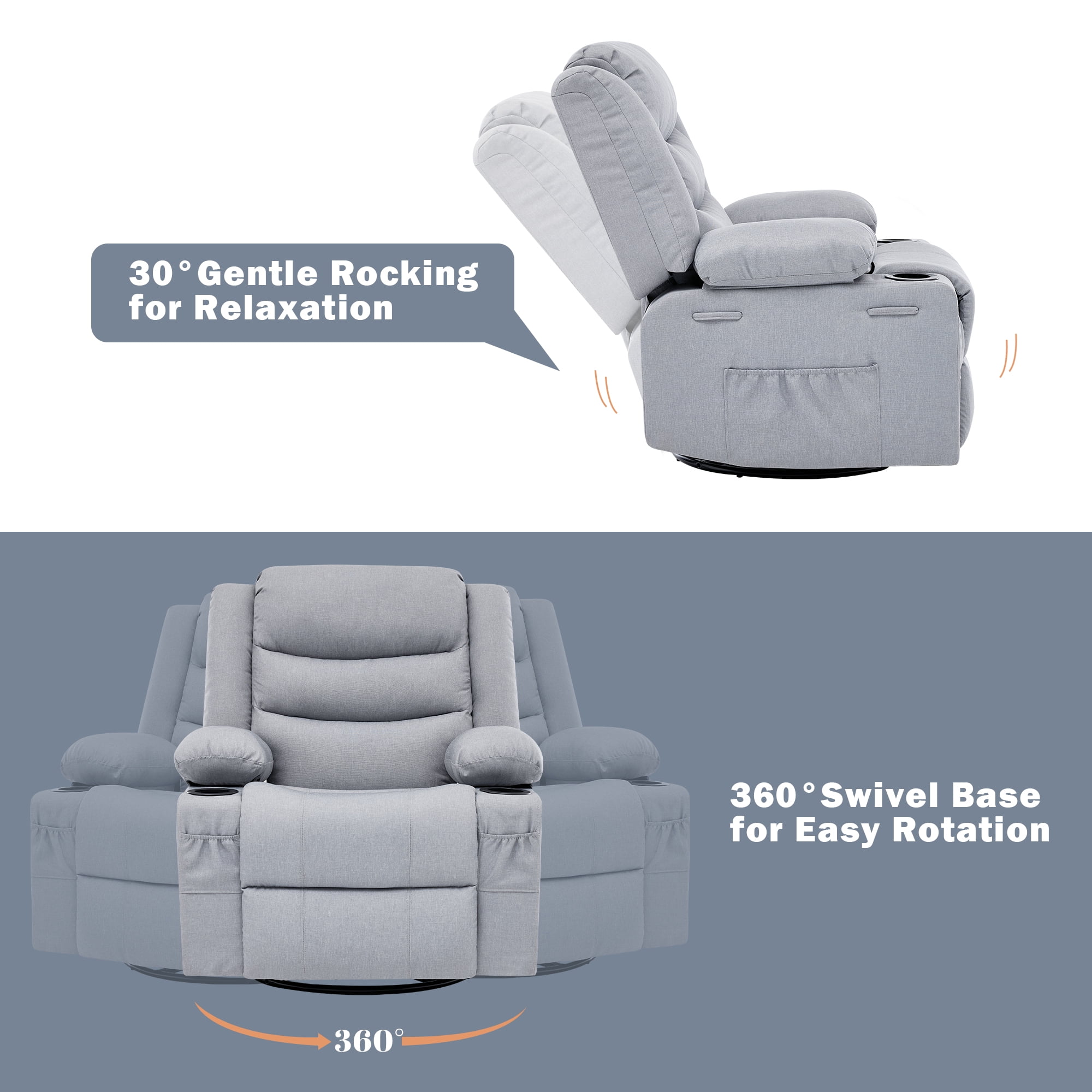 GAOHAPY Rocker Recliner Chair,360° Swivel Recliner Chair for Adults,Oversized Single Sofa Seat with Cup Holders,Recliner Single Sofa with Side Pocket(Grey)
