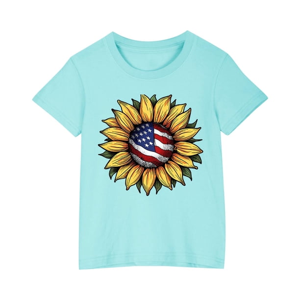 Vestido Corto de Verano Niños Niños Niñas Camiseta de Algodón Cuello Redondo Lindo Día de la Independencia Imprimir Top