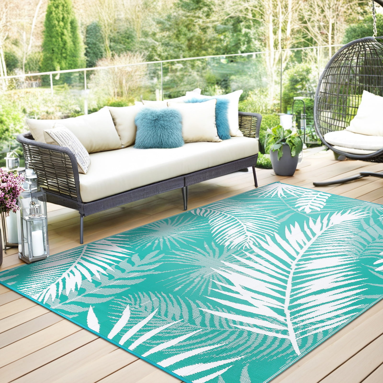 MeyJey Outdoor Rug, 5'x7' Reversible Waterproof Area Rug, Plastic Mat for RV Patio Camping, Teal