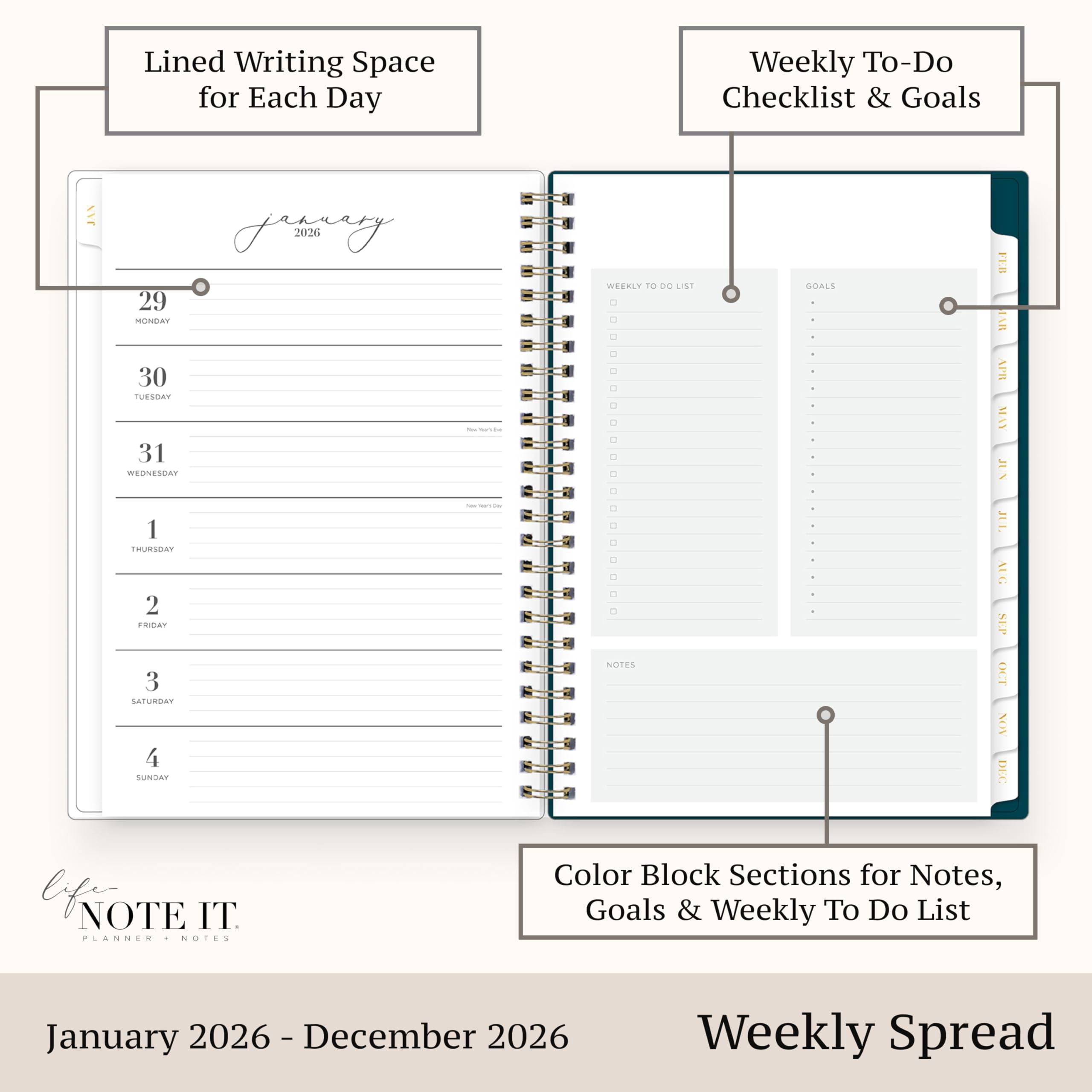 Blue Sky Life Note It 2026 Weekly and Monthly Planner Notes, January 2026 - December 2026, 5.875" x 8.625", Clear Pocket Cover, Wirebound, Storage Pocket, 50 Perforated Notes Sheets, Dania Dark