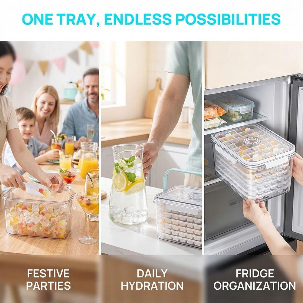 Ice Cube Tray for Freezer with Lid and Bin, Large Capacity Ice Storage Container with Handle and Time Record, Easy-Release Stackable Ice Maker with Bucket