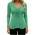 thumbnail image 5 of XPMWRP Womens V Neck Peplum Tunic Ruched Drawstring Front Long Sleeve Babydoll Solid Color Casual Flowy Blouse Tops Green XL, 5 of 9