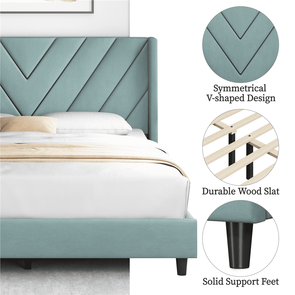 Renwick Upholstered Platform Bed Frame with Tufted Headboard, Blue Lake, All Ages, Queen