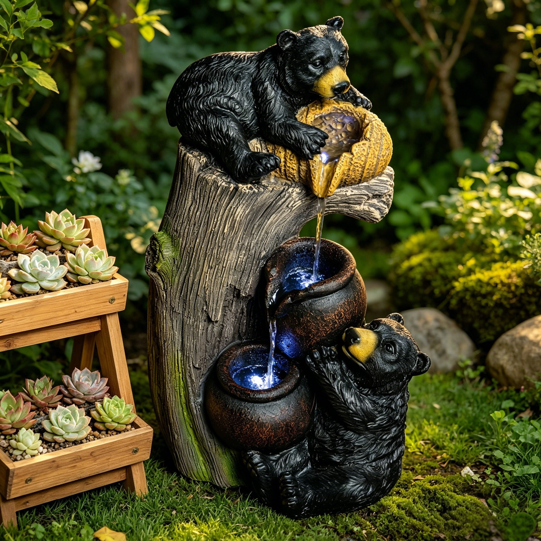 Animal Decor Water Fountain, Bear Shape LED Cascading Water Ornament for Patio Balcony Garden, Brown Grey