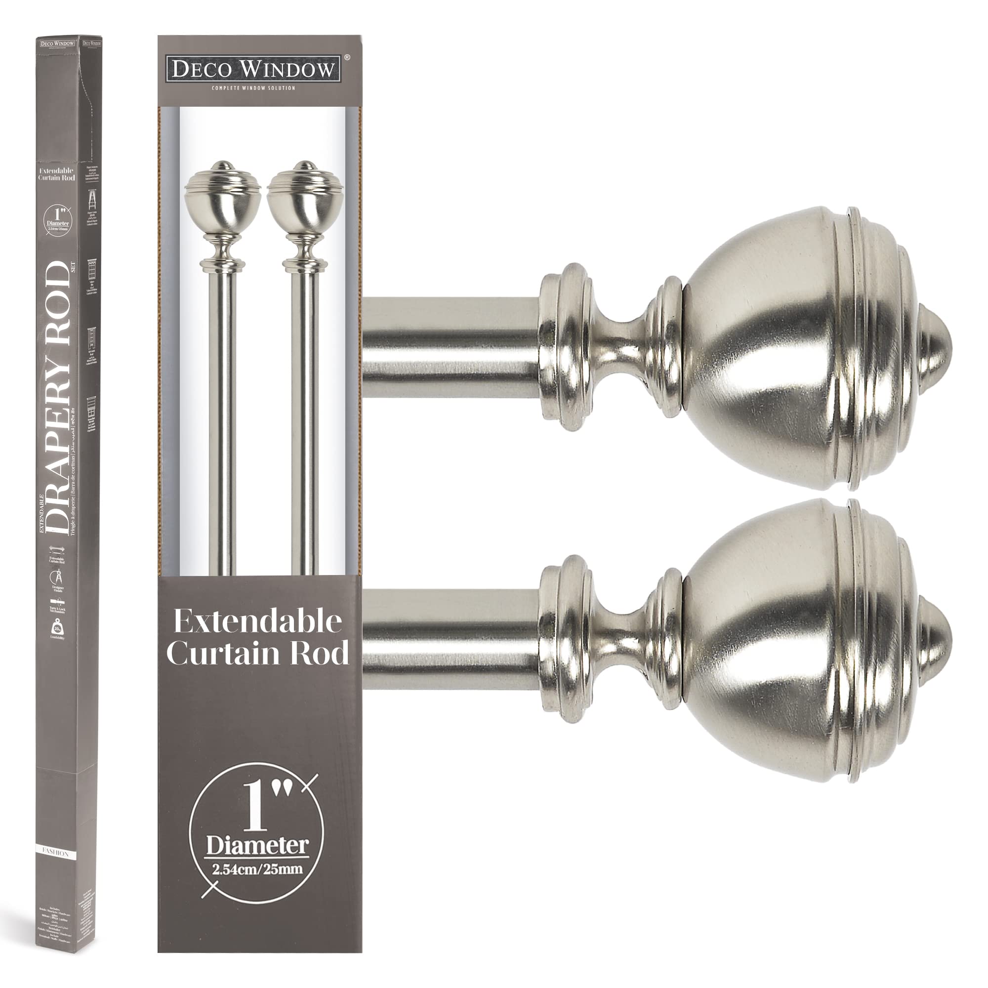 Deco Window Modern 1 in Satin Silver Stacked Round Adjustable Single Curtain Rods, 52 in - 144 in