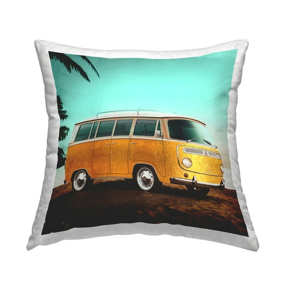 Stupell Industries Yellow Van on Tropical Beach Square Decorative Printed Throw Pillow, 18 x 18