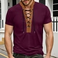 thumbnail image 2 of MIXUE Summer Shirts For Men Solid Color V Neck Lace Up Short Sleeve Stylish Casual Fashion Tops Pullover Tee Shirts Streetwear,Red,XXXL, 2 of 8