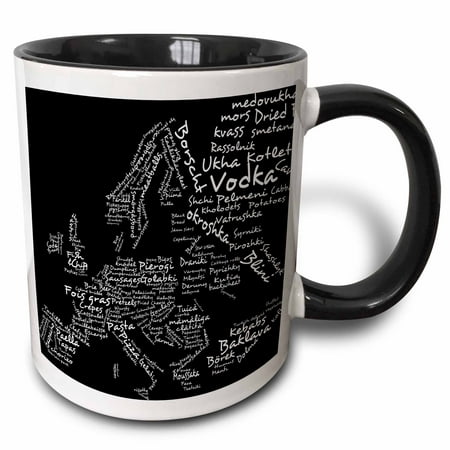 3dRose Black and White Food Map of Europe made from names of world dishes from local cuisine - Foodie gifts - Two Tone Black Mug,