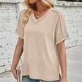 thumbnail image 4 of Uaswgudfs Women's Casual Ribbed Trim V-Neck Blouse T-Shirt - Loose Fit Short Sleeve Solid Color Top, 4 of 6