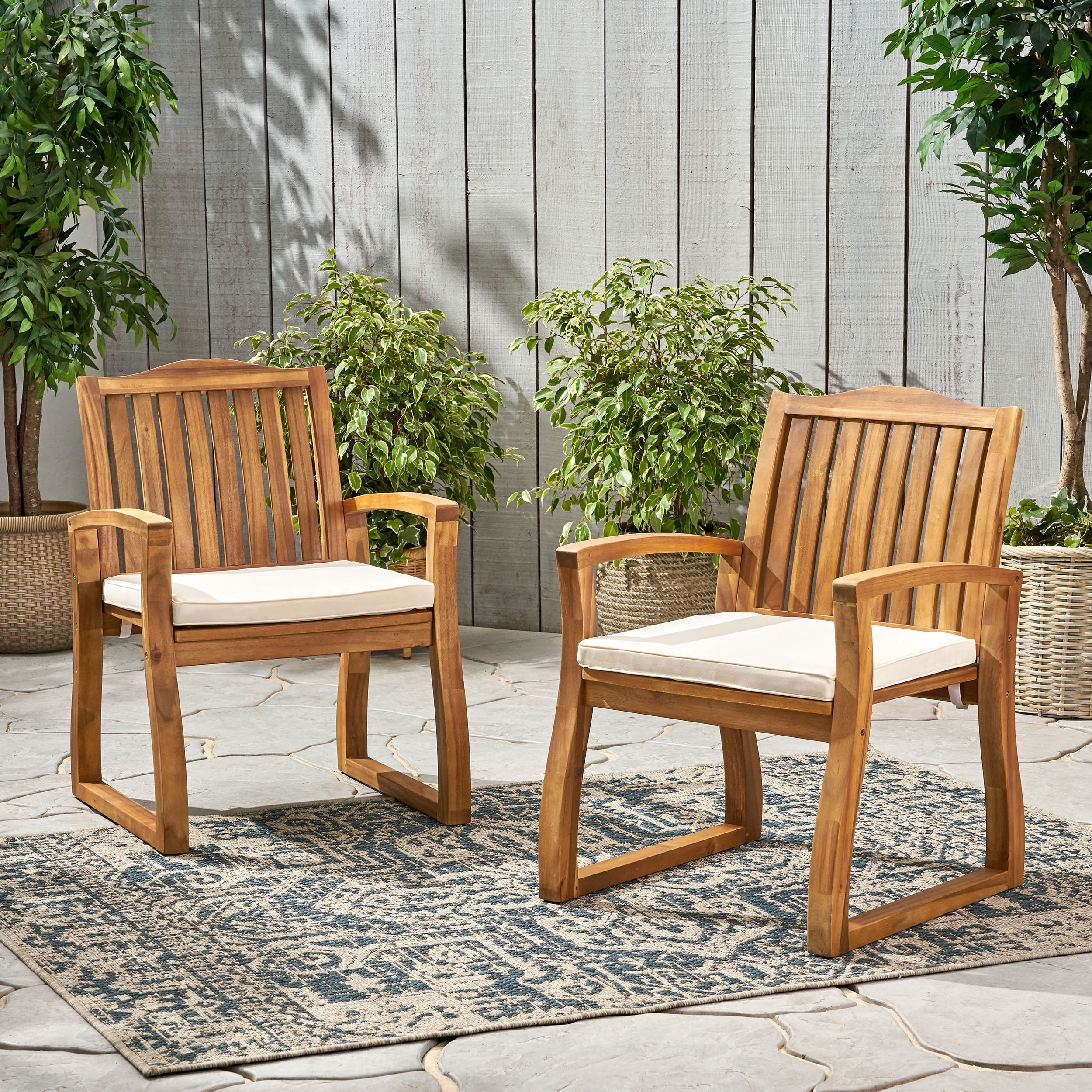 Outdoor Acacia Wood Armrest Dining Chair Set of 2, Household Leisure Seats for Patio Garden, Teak and Ivory