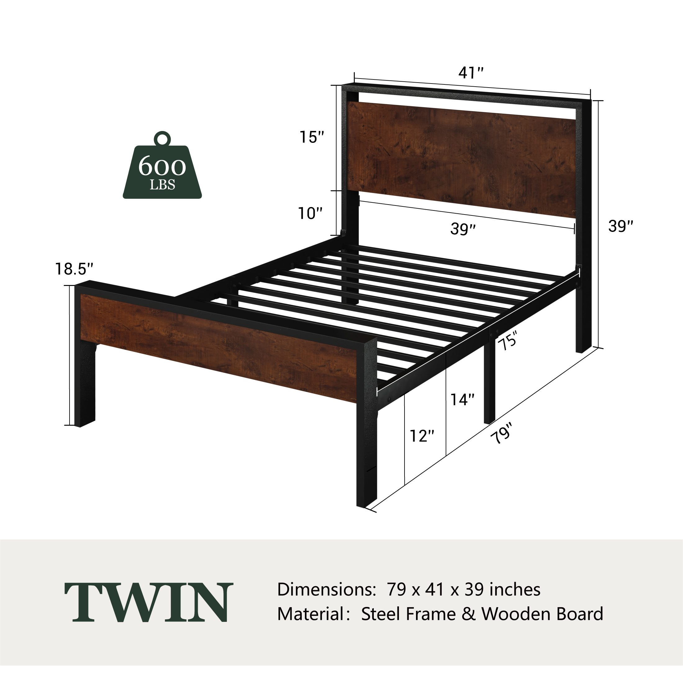 Amolife Twin Size Bed Frame, Heavy Duty Metal Platform Bed with Wooden Headboard & Footboard, No Box Spring Needed, Mahogany