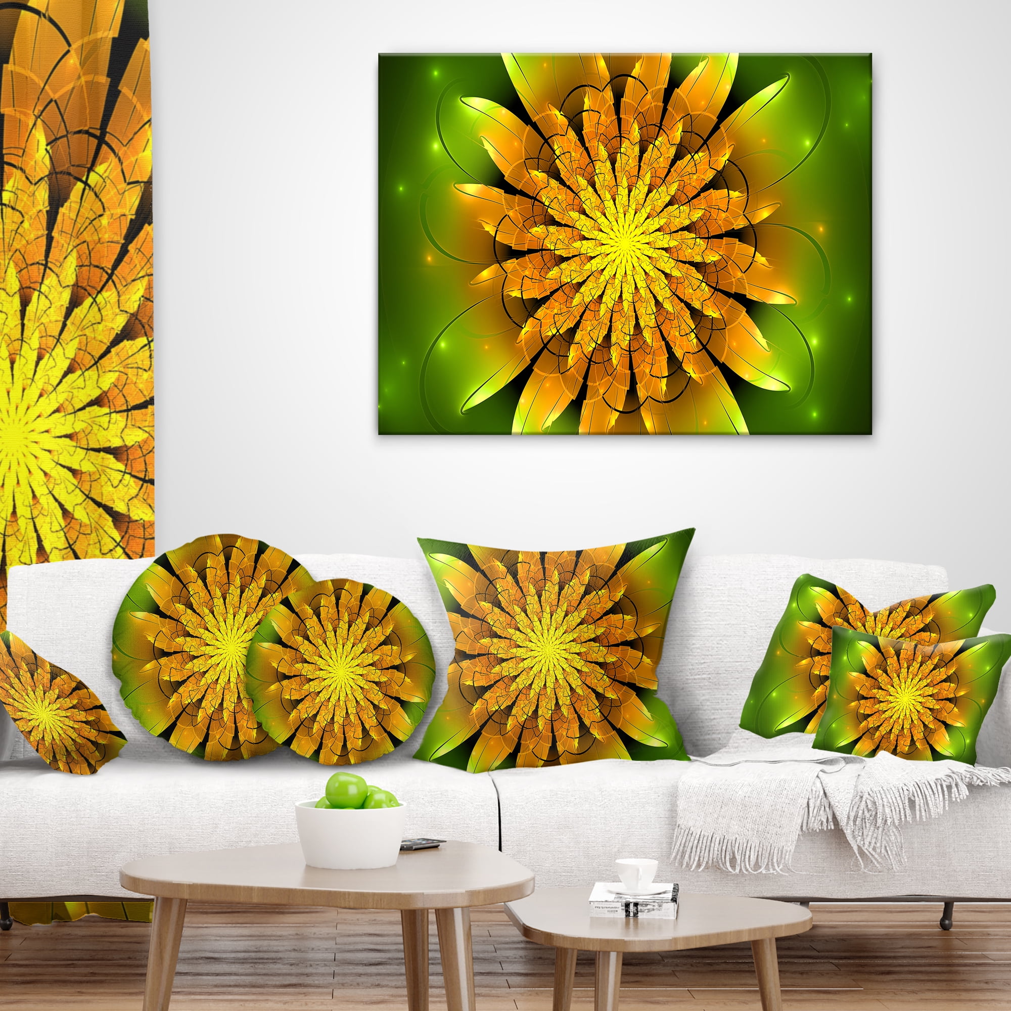 Designart Bright Yellow Fractal Flower on Green - Floral Throw Pillow - 18x18