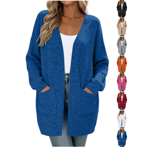 Long Cardigans for Women Nelozsy Women Fashion Casual Solid Color Pocket Cardigan Blue S