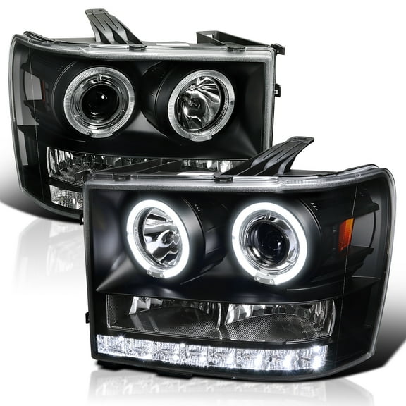 Spec-D Tuning SMD LED Dual Halo Projector Black Headlights Compatible with 2007-2013 GMC Sierra 1500/1500HD/2500HD/3500HD, Left Right Pair Headlamps Assembly