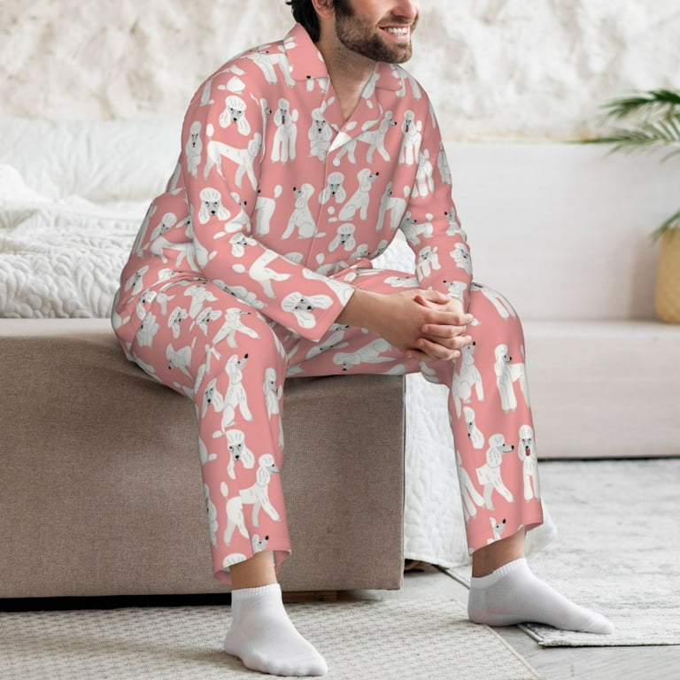 Mens Pajama Set Cute Poodle Dog Funny Pink Long Sleeve Pjs Set Sleepwear Button Down for Men Loungewear with Pockets Walmart
