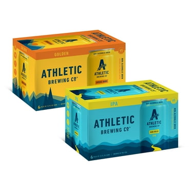 Athletic Brewing Non-Alcoholic Beer, Run Wild IPA + Upside Dawn Golden, 12 fl oz Cans, Pack of 24, 0.5% ABV