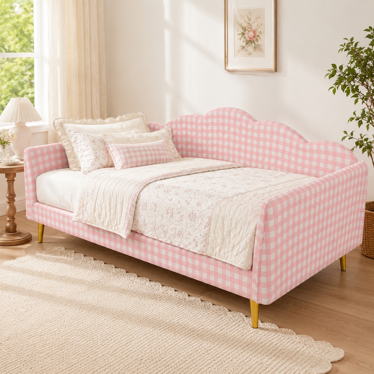 Euroco Upholstery Twin Size Daybed, Wood Sofa Platform Bed with Gingham Design and Metal Legs, No Box Spring Needed, Pink