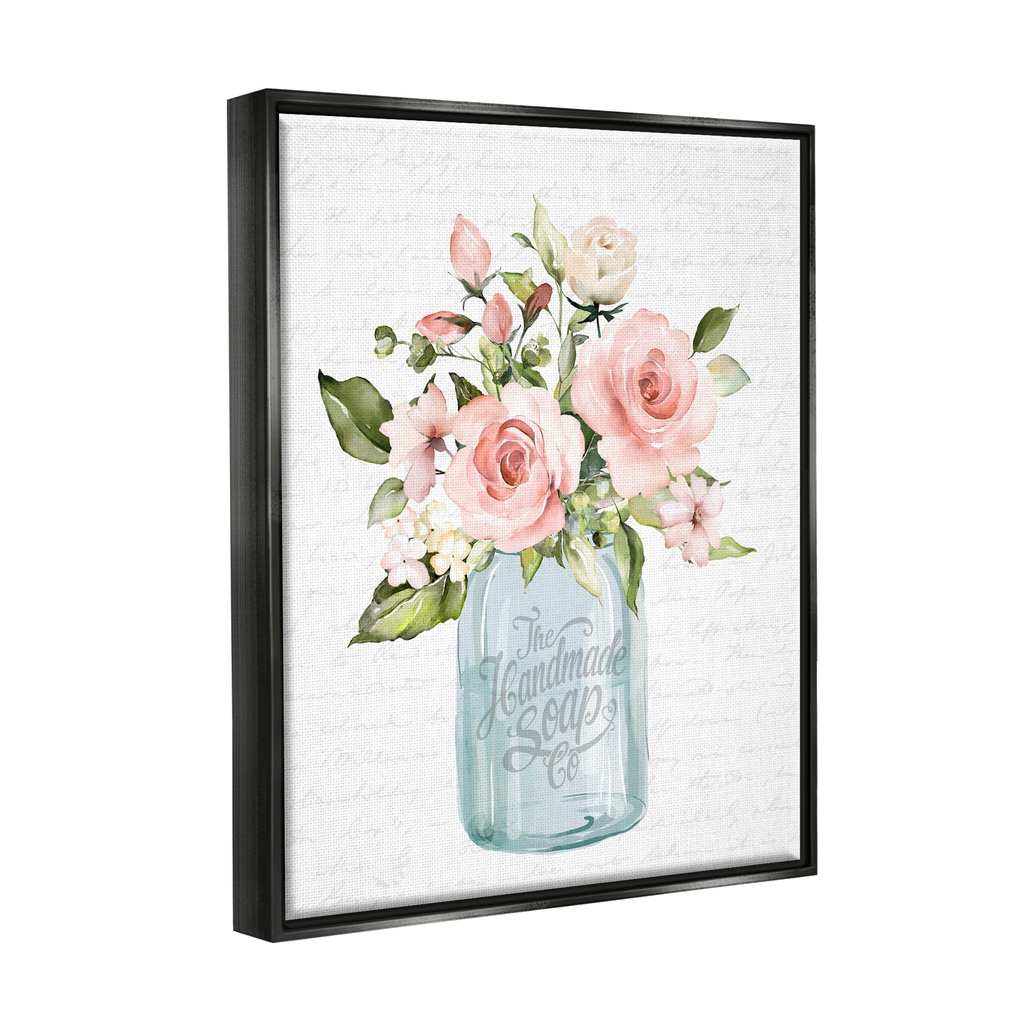 Stupell Industries Pink Rose Blooms Country Vase Patterned Script Graphic Art Luster Gray Floating Framed Canvas Print Wall Art, Design by Lettered and Lined