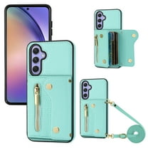 Wallet Case for Samsung Galaxy A15, Classic Lychee Texture PU Leather Purse Case with Accordion Card Slots, Protective Crossbody Flip Cover with Zipper Shoulder Strap Lanyard for Women Girls, Cyan