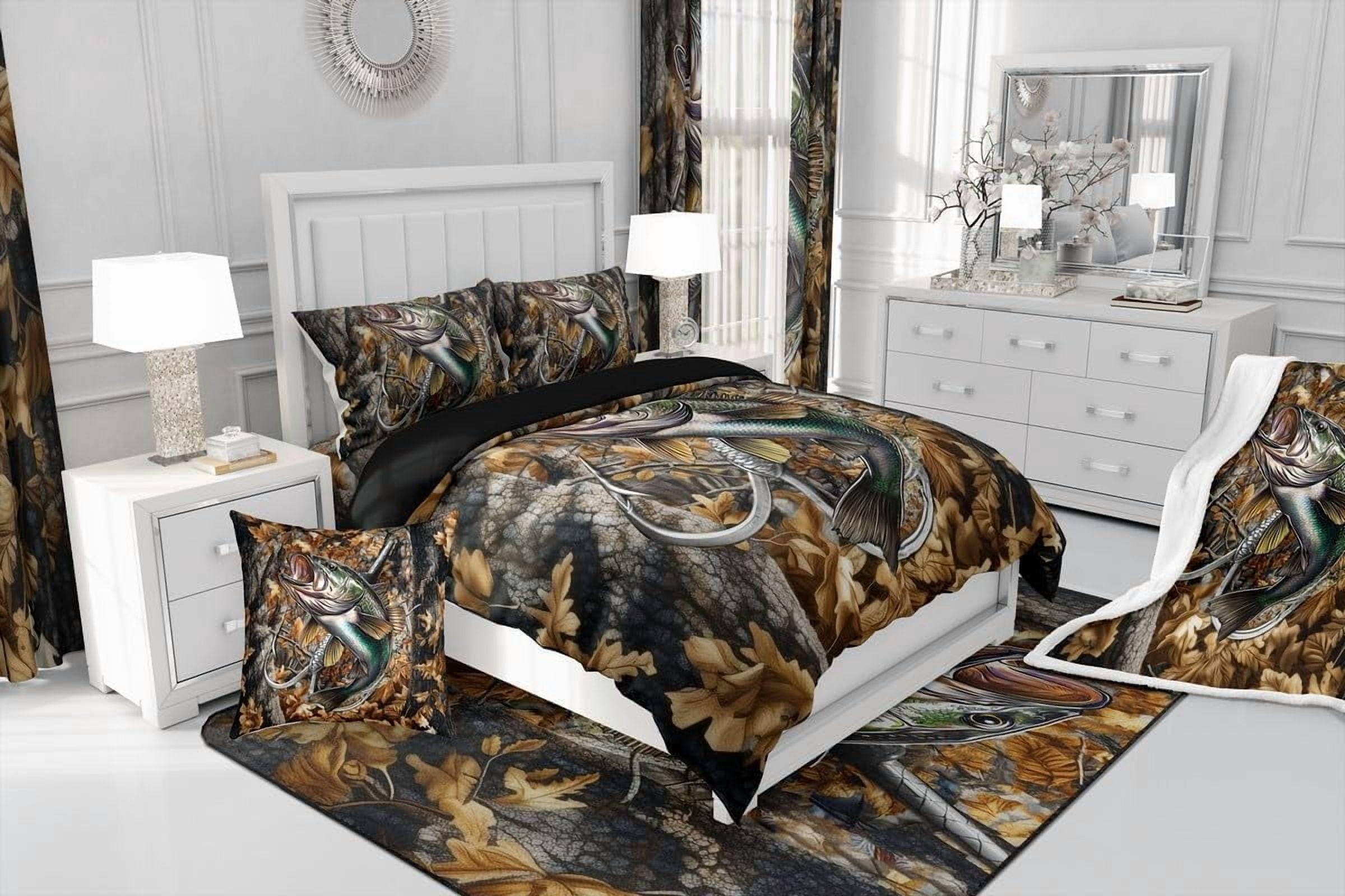 Camo Fleece Blanket Twin 60"x80" Users Camo Fish Plush Blanket for men Teens Fish Huntihg Sherpa Blanket Camouflage Fish Hunting Brown Fuzzy Blanket