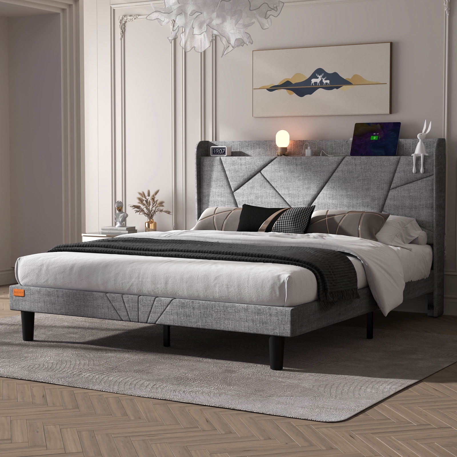 NISIEN Full Size Bed Frame with Charging Station, Upholstered Platform Bed with Wingback Storage Headboard, Light Gray