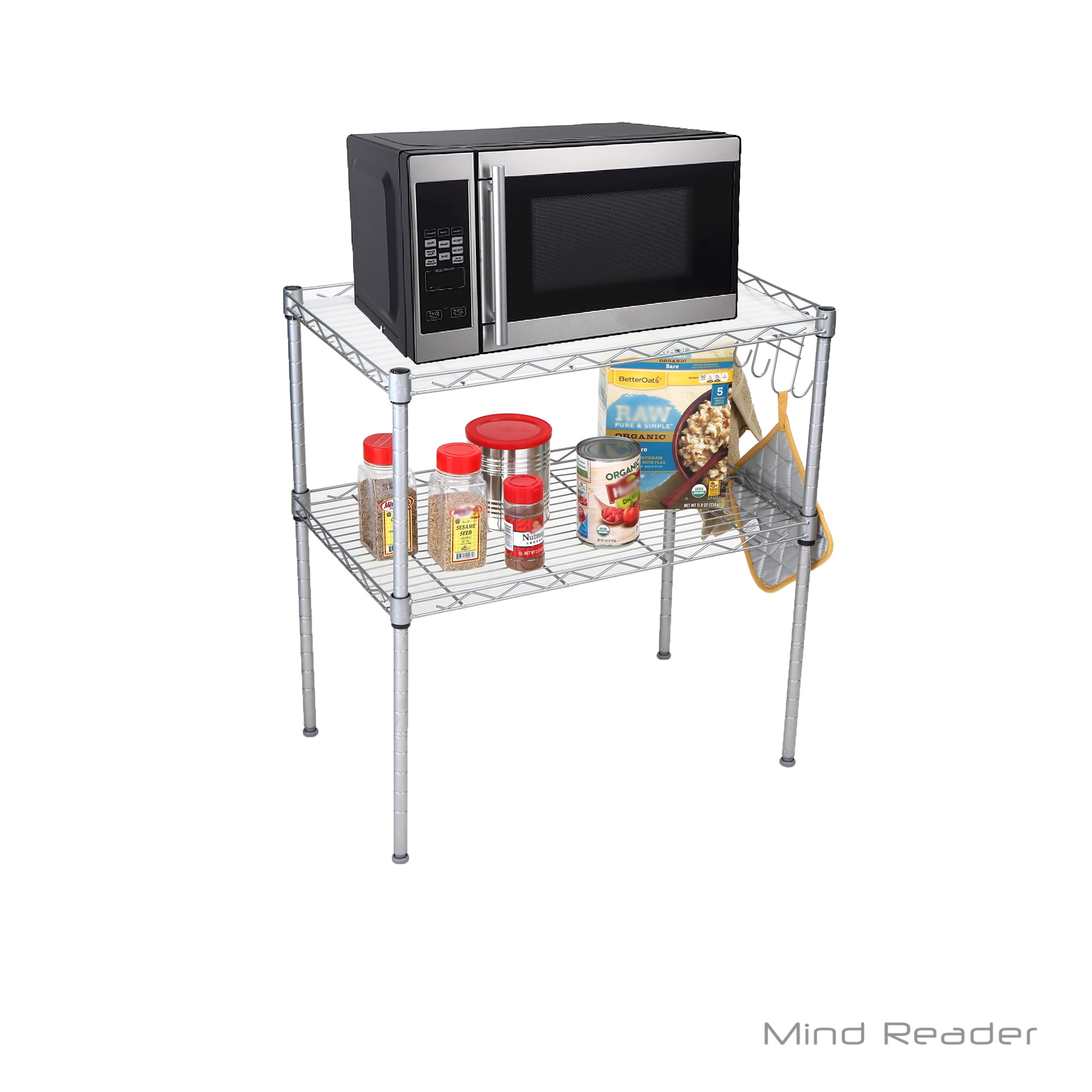 Mind Reader Microwave Oven Rack Shelving Unit 2 Tier Storage With 6 Hooks For Kitchen Utensils Towels And Accessories Mind Reader Microwave Oven Rack