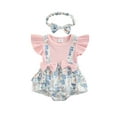 thumbnail image 2 of Baby Girls Romper and Headband, Fly Sleeves Patchwork Flower Print Jumpsuit for Infant, Blue/ Pink, 2 of 10