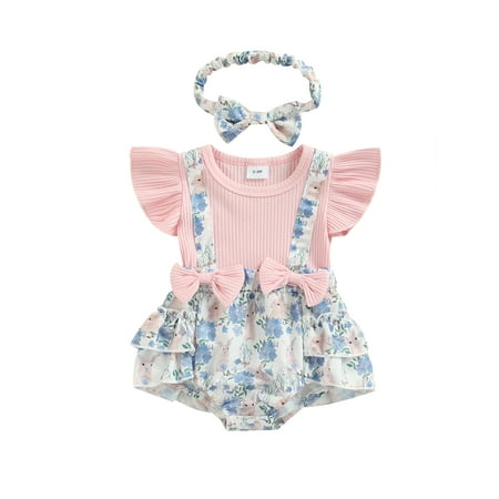 

jaweiw Infant Baby Girl Easter Bunny Romper Bodysuit Outfit Newborn Clothes Summer Fly Sleeve Jumpsuit Onesie with Headband