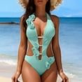 thumbnail image 2 of Yuanlook Women One Piece Swimsuit Plunge Neck V Neck Bikini Rose Peal Halter Tummy Control Bathing Suit Slimming Swimwear - Green - M, 2 of 6