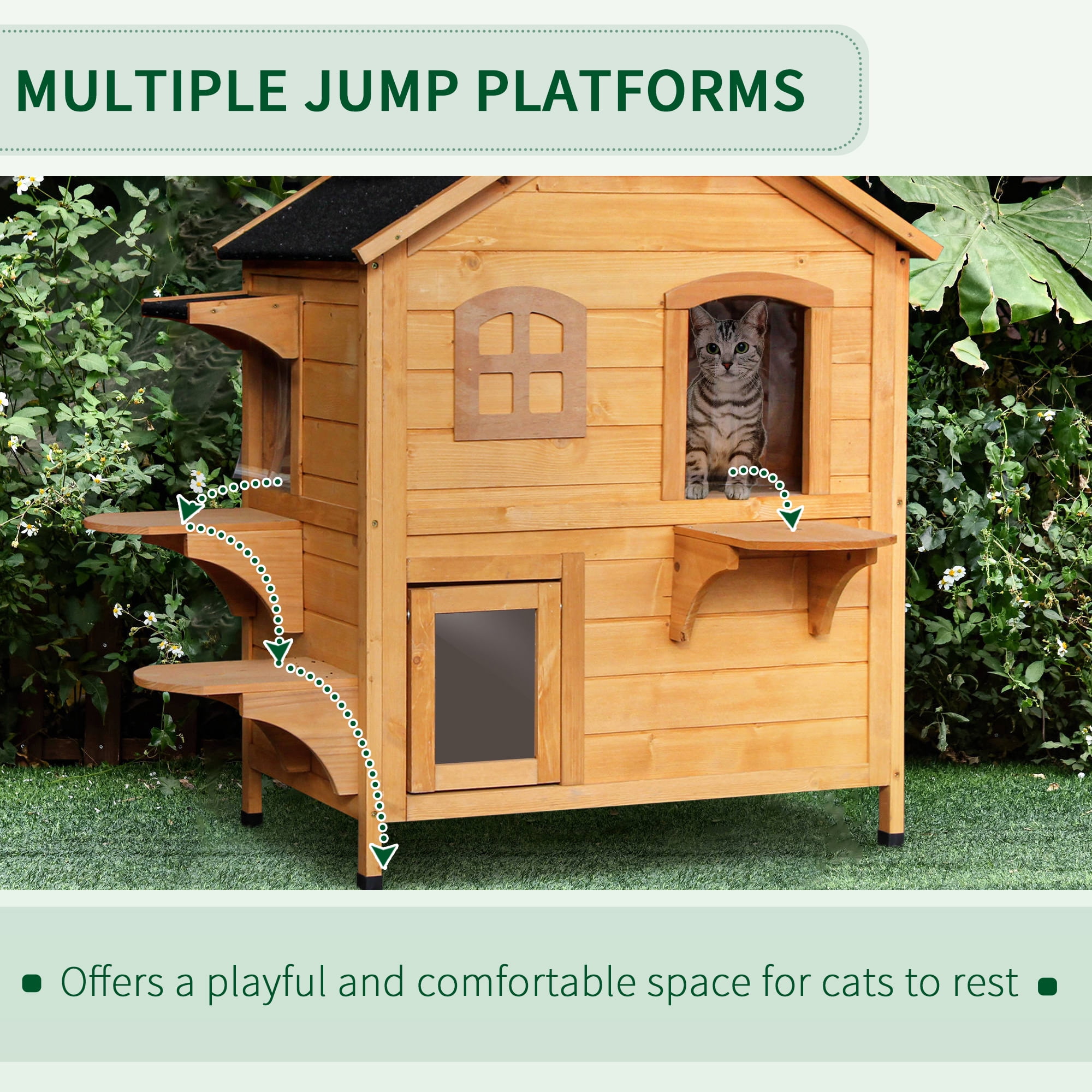 Noaman PawHut 2-Story Outdoor Cat House, Weatherproof Wooden Cat Enclosure for Feral Cats with Escape Door, Openable Roof, Jumping Platforms, Natural Wood, 35"L x 29.1"W x 6.2"H, 37lbs