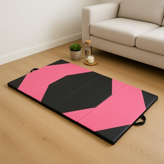 Resenkos Gymnastics Mat, Exercise Tumbling Mat,10' x 4' x 2" Folding Exercise Mat with Hook and Loop Fasteners-Black & Pink